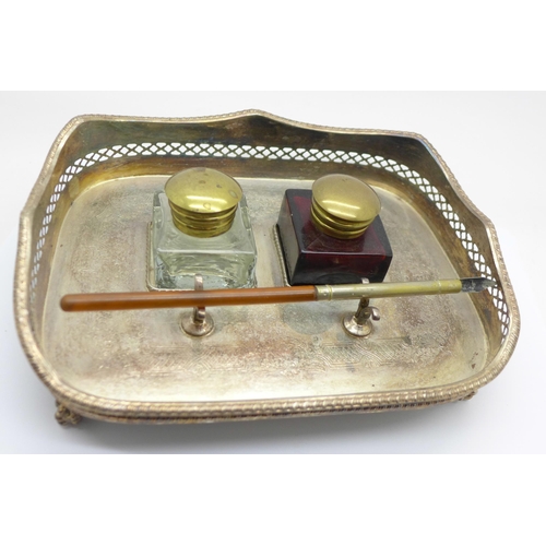 641 - A silver plated ink stand, marked Sheffield