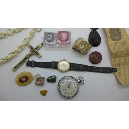 642 - A vintage wristwatch, a large crucifix, a jet cameo pendant, a/f, other jewellery, etc.