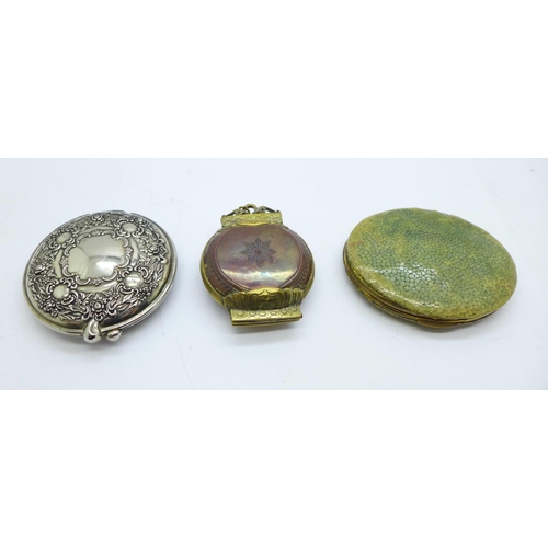 650 - A shagreen compact, a plated compact and one other brass and copper hinged box or compact