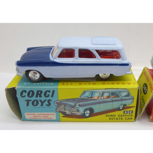 651 - Two Dinky Toys; Ford Capri and Jaguar and a Corgi Toys Ford Zephyr, boxed