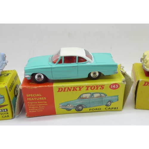 651 - Two Dinky Toys; Ford Capri and Jaguar and a Corgi Toys Ford Zephyr, boxed