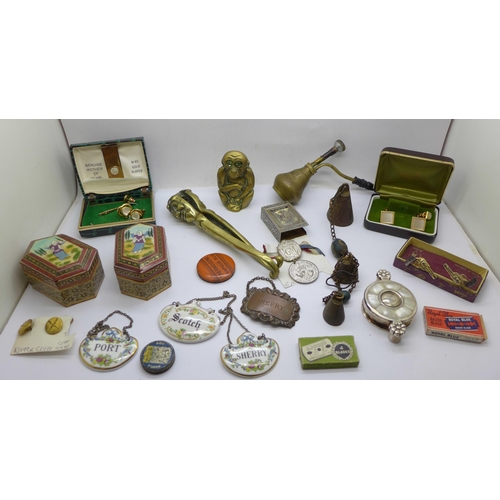 664 - Assorted items; brass nutcrackers, cufflinks, boxes, etc.