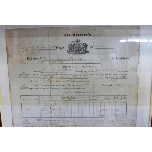 684 - A military Napoleonic war era discharge certificate for Pte. James Fletcher, enlisted 1813 aged 15, ... 