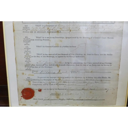 684 - A military Napoleonic war era discharge certificate for Pte. James Fletcher, enlisted 1813 aged 15, ... 