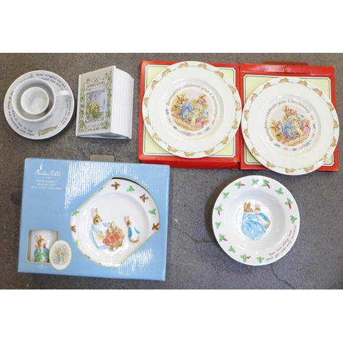 695 - A Border Fine Arts Beatrix Potter Nursery Set, two Royal Doulton Bunnykins plates, a Royal Doulton m... 