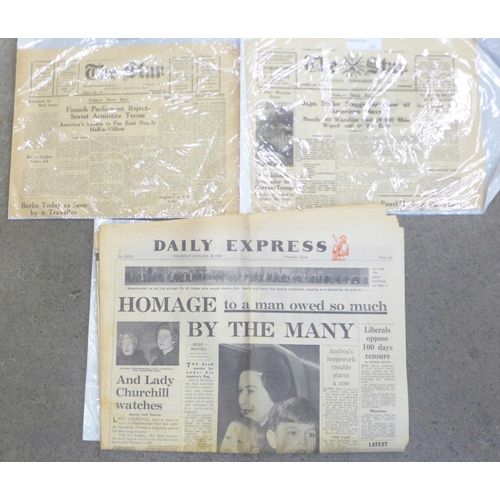 696 - Two Guernsey WWII occupation period newspapers, The Star, and a 1965 Express, Churchill’s death