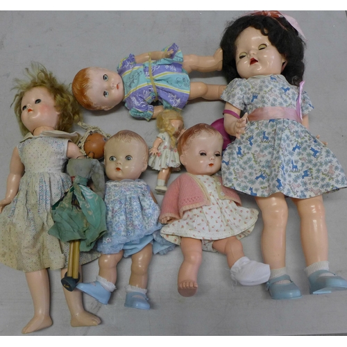 757 - A box of vintage dolls, three dressed baby BND dolls, a large and a small Pedigree doll and a Palito... 