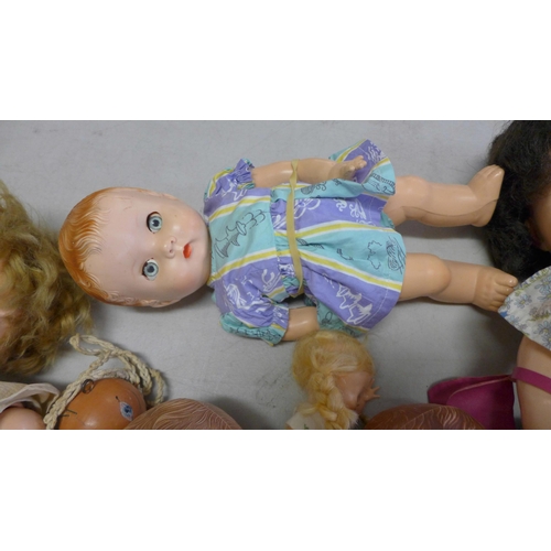 757 - A box of vintage dolls, three dressed baby BND dolls, a large and a small Pedigree doll and a Palito... 