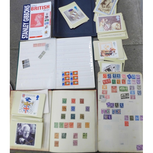 761 - Stamps; a box of GB stamps, covers, catalogues, etc.