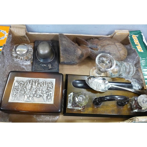 780 - Assorted items including an inkstand, a box with plated top, a carved bust, a reproduction paperweig... 