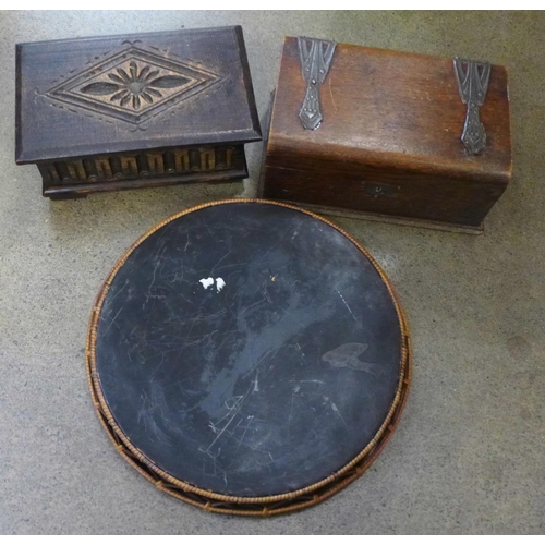 793 - Two wooden boxes and a tray inlaid with three mother of pearl butterflies