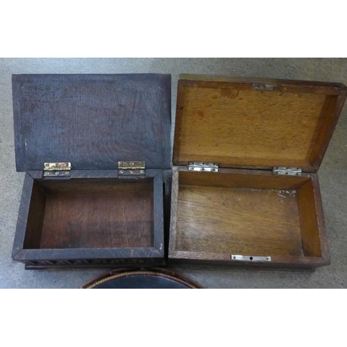 793 - Two wooden boxes and a tray inlaid with three mother of pearl butterflies