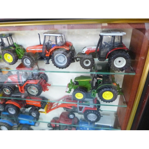 805 - A collection of 21 model tractors in a display case