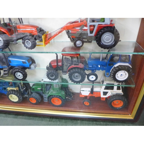 805 - A collection of 21 model tractors in a display case