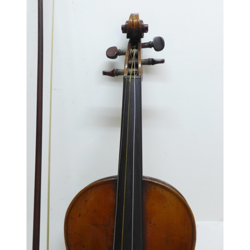 846 - A violin, the back 335mm without button, no paper label, with bow and case