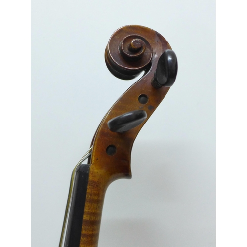 846 - A violin, the back 335mm without button, no paper label, with bow and case