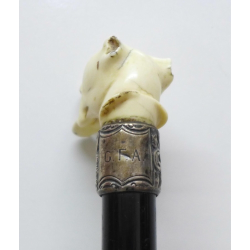 850 - A swagger stick with carved dogs head top, some a/f on dogs head