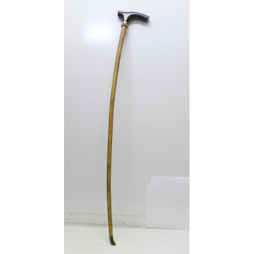 851 - A 19th Century bulls pizzle walking stick, L-shaped horn handle, gilt metal ferrule and horn tip, 92... 