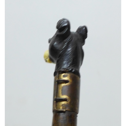 853 - A 19th Century gentleman's novelty walking cane, with stained ivory detail carved dog's head handle ... 