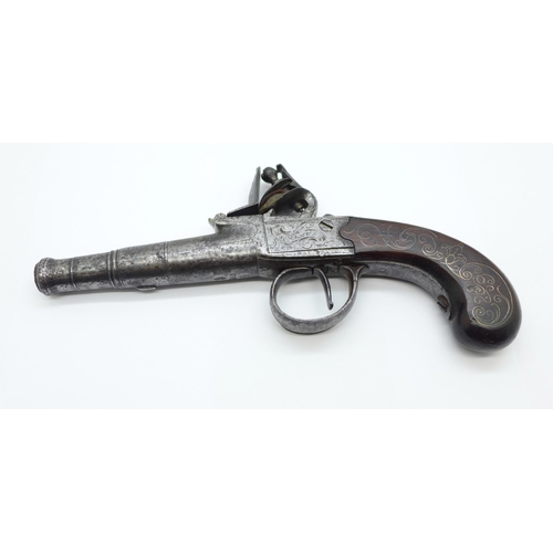 861 - An early George III flintlock pistol, c1770, marked Jenings Gloster, with cannon turn-off barrel, pr... 