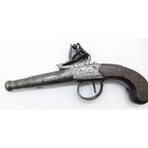 861 - An early George III flintlock pistol, c1770, marked Jenings Gloster, with cannon turn-off barrel, pr... 