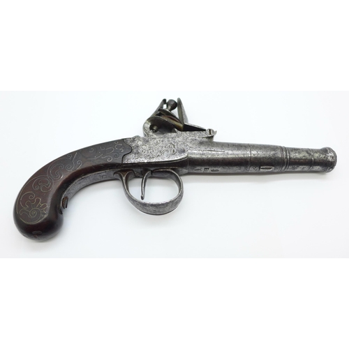 861 - An early George III flintlock pistol, c1770, marked Jenings Gloster, with cannon turn-off barrel, pr... 