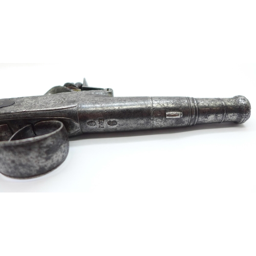 861 - An early George III flintlock pistol, c1770, marked Jenings Gloster, with cannon turn-off barrel, pr... 