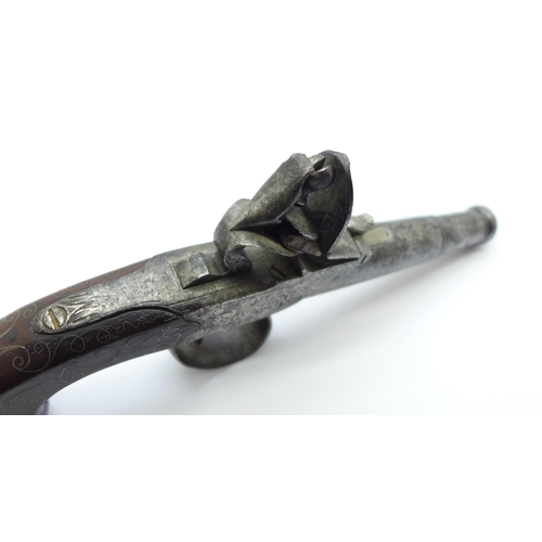 861 - An early George III flintlock pistol, c1770, marked Jenings Gloster, with cannon turn-off barrel, pr... 