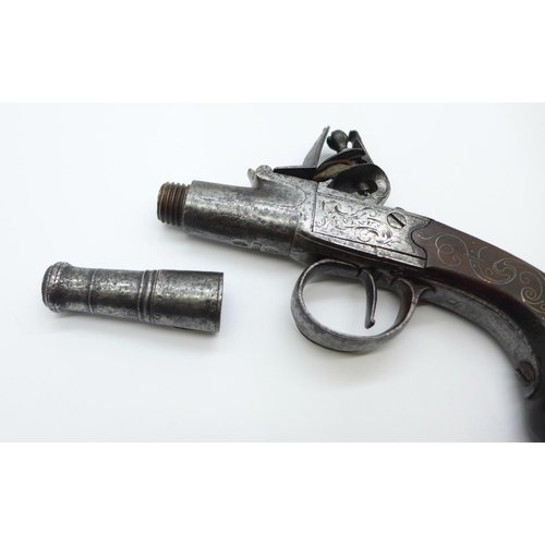 861 - An early George III flintlock pistol, c1770, marked Jenings Gloster, with cannon turn-off barrel, pr... 