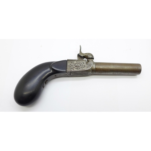 864 - An English, Victorian 54 bore boxlock percussion pocket pistol, with turn-off barrel, mid 19th Centu... 