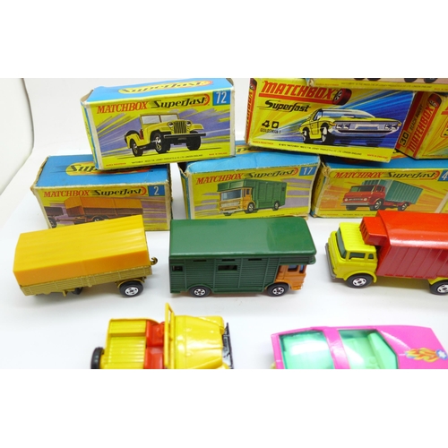 866 - Eleven Lesney Matchbox models; nine Superfast, one Rola-matics and one other New 30 Beach Buggy