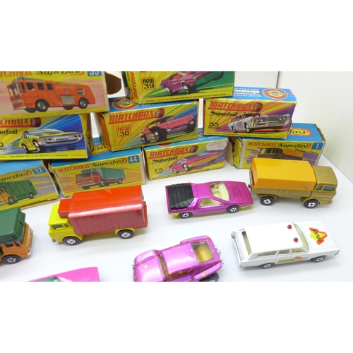 866 - Eleven Lesney Matchbox models; nine Superfast, one Rola-matics and one other New 30 Beach Buggy