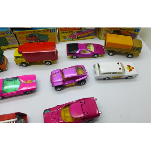 866 - Eleven Lesney Matchbox models; nine Superfast, one Rola-matics and one other New 30 Beach Buggy