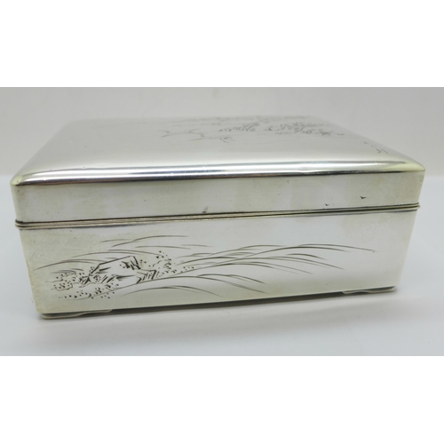 877 - A Chinese silver box with lake scene to the lid, total weight 367g, width 14cm, wood lining a/f