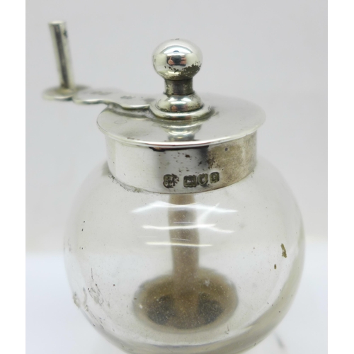 880 - A silver mounted glass peppermill, London 1921