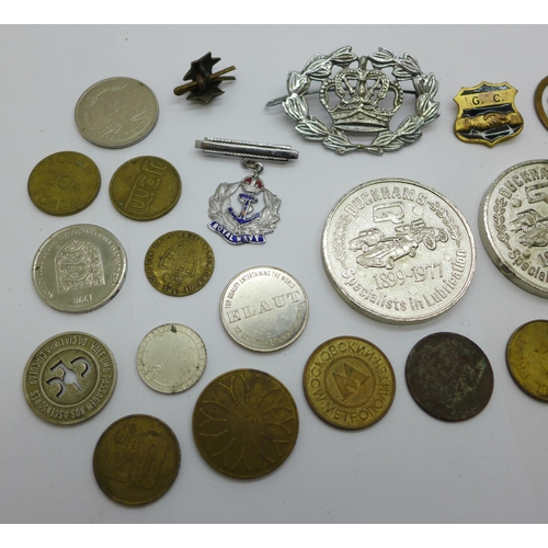 903 - Badges, medallions, etc., including a Royal Navy sweetheart brooch