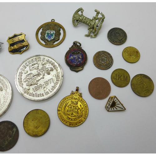 903 - Badges, medallions, etc., including a Royal Navy sweetheart brooch