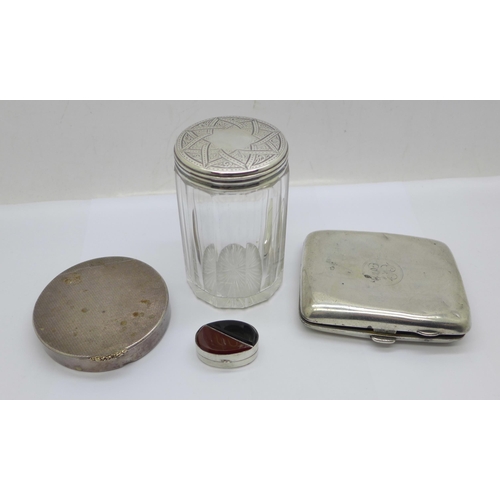 906 - A silver pill box set with agate, a Victorian silver topped glass jar, a silver compact, a/f and a s... 