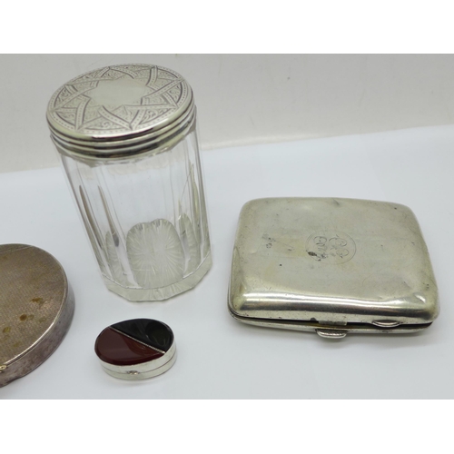 906 - A silver pill box set with agate, a Victorian silver topped glass jar, a silver compact, a/f and a s... 