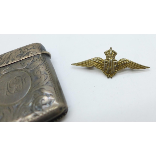 917 - A silver vesta case, a/f, and a silver RAF brooch