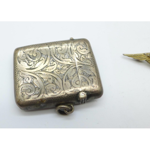 917 - A silver vesta case, a/f, and a silver RAF brooch