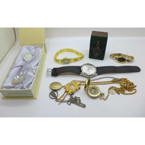 922 - Watches including Charles Leman, a locket and chain, collector's spoon and a silver medal mounted on... 