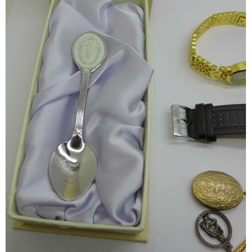 922 - Watches including Charles Leman, a locket and chain, collector's spoon and a silver medal mounted on... 