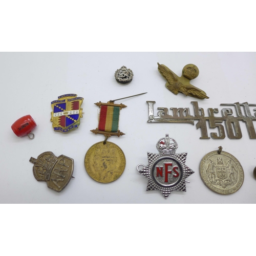 925 - A silver ARP badge, a Royal Engineers sweetheart badge, medallions, etc.