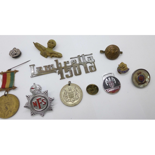 925 - A silver ARP badge, a Royal Engineers sweetheart badge, medallions, etc.