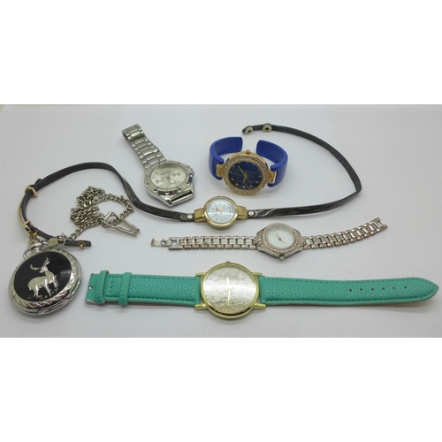 935 - Six fashion wristwatches and a pocket watch