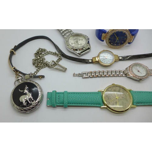 935 - Six fashion wristwatches and a pocket watch