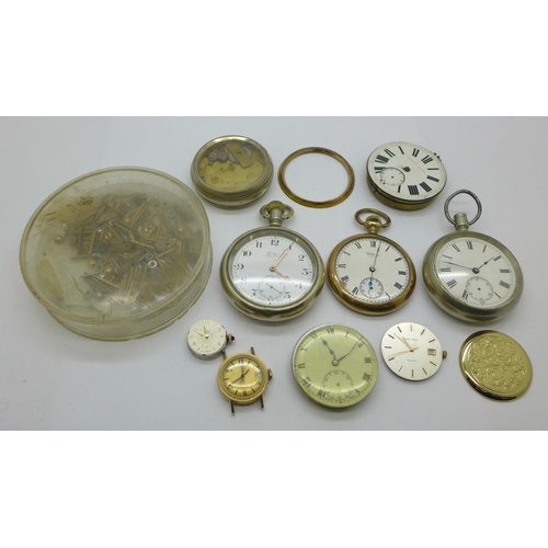 936 - Two pocket watches, one a/f, watch parts and movements