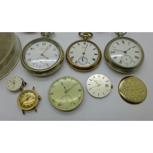 936 - Two pocket watches, one a/f, watch parts and movements