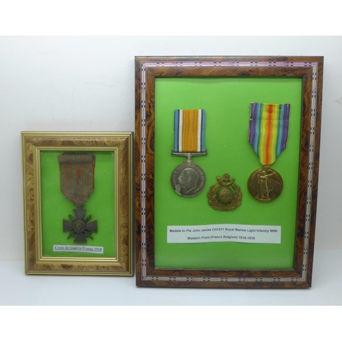 938 - A pair of WWI medals, to Pte. John James CH1517 Royal Marine Light Infantry and a French Croix de Gu... 